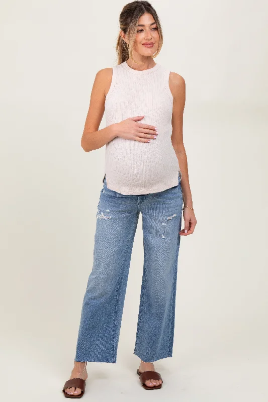 Blue Distressed Raw Hem Cropped Wide Leg Maternity Jeans